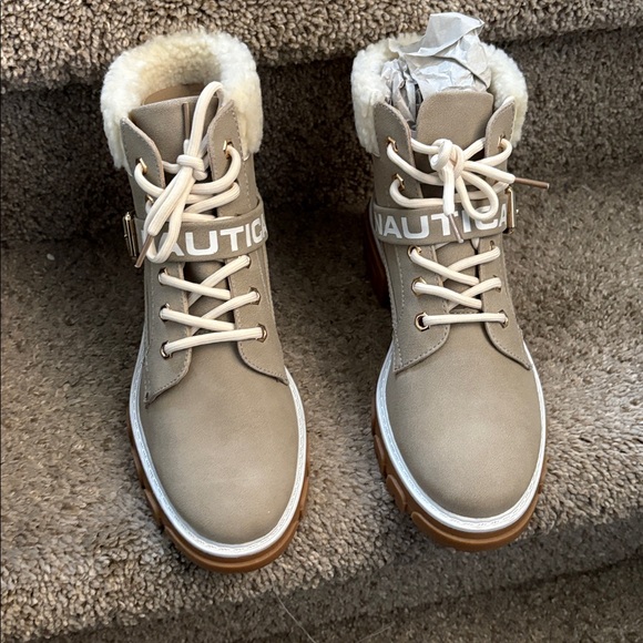Nautica Beige Shearling-Trim Lug Sole Ankle Boots - Picture 3 of 7
